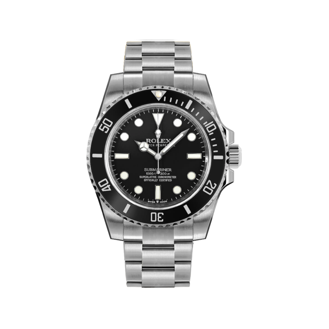 Vooraanzicht van een Rolex Submariner 126610-0001, zwarte wijzerplaat, roestvrijstalen kast, keramische bezel, luxe duikhorloge, iconisch ontwerp.