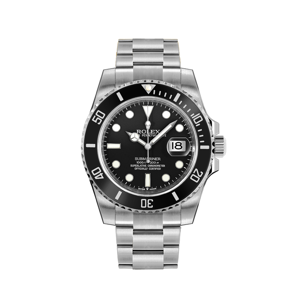 Vooraanzicht van een Rolex Submariner Date 126610LN-0001, luxe duikhorloge met zwarte wijzerplaat, roestvrijstalen kast en armband, iconische keramische bezel, en datumweergave.