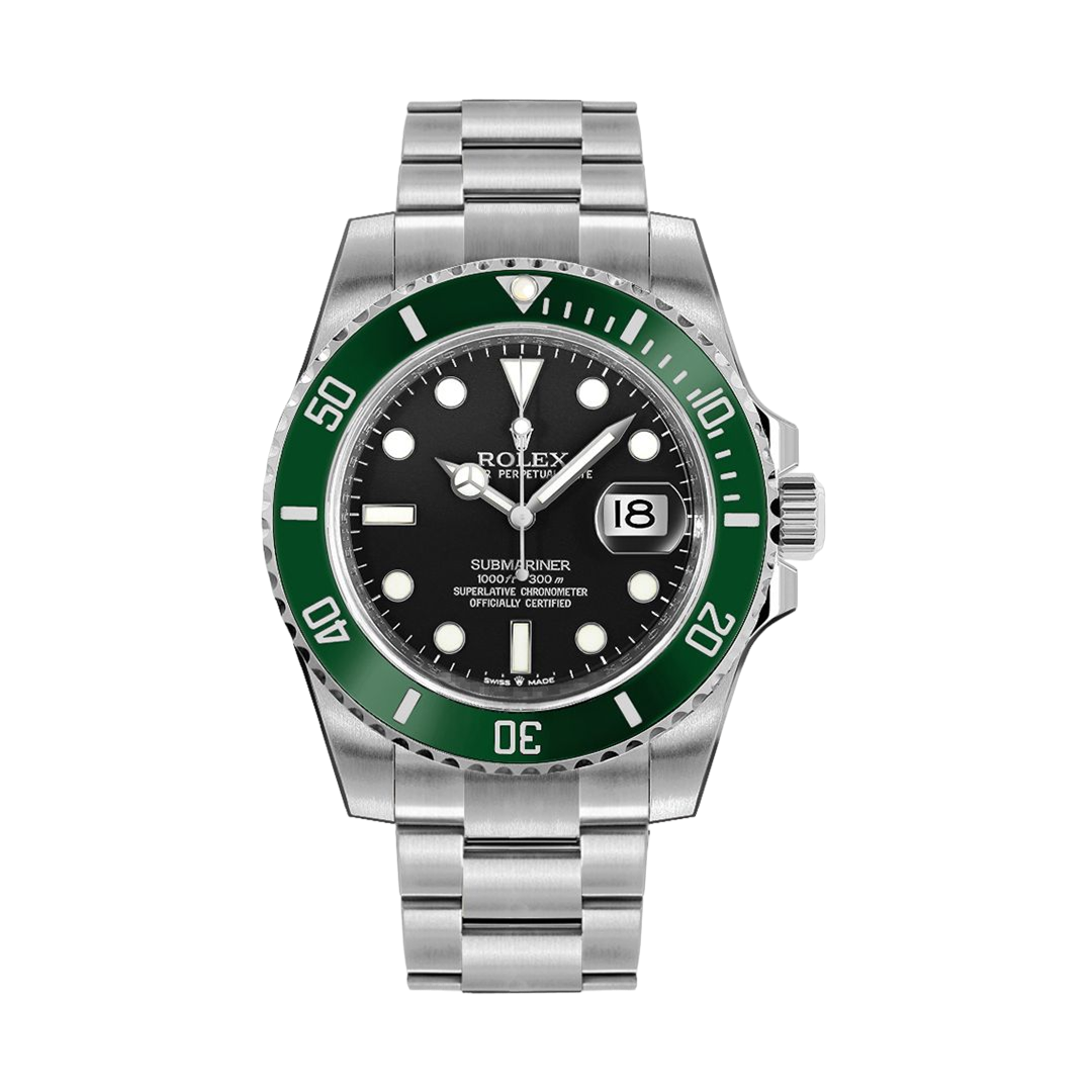 Vooraanzicht van een Rolex Submariner Date 126610LV-0002 met groene bezel en zwarte wijzerplaat, luxe duikhorloge, iconisch ontwerp, herenhorloge.