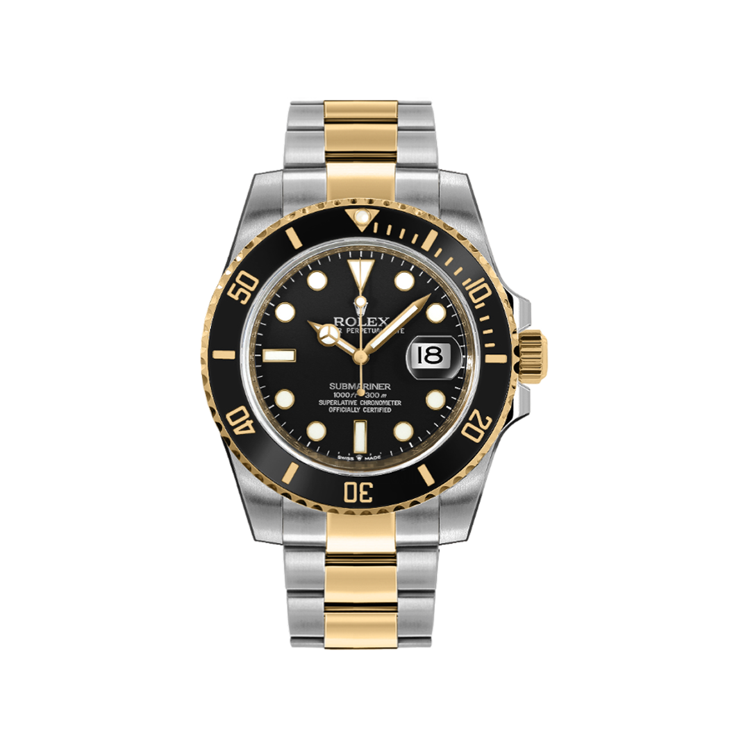 Vooraanzicht van een Rolex Submariner Date 126613LN-0002 horloge met zwarte wijzerplaat, gouden accenten en roestvrijstalen armband.