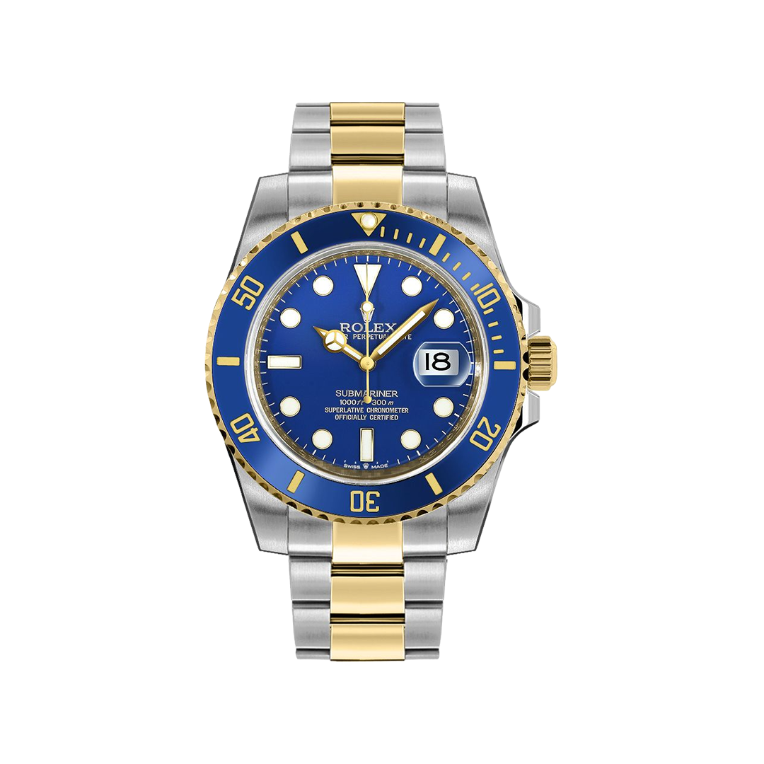Vooraanzicht van een Rolex Submariner Date 126613LB-0002 horloge met blauwe wijzerplaat en gouden accenten, luxe duikhorloge, iconisch design.