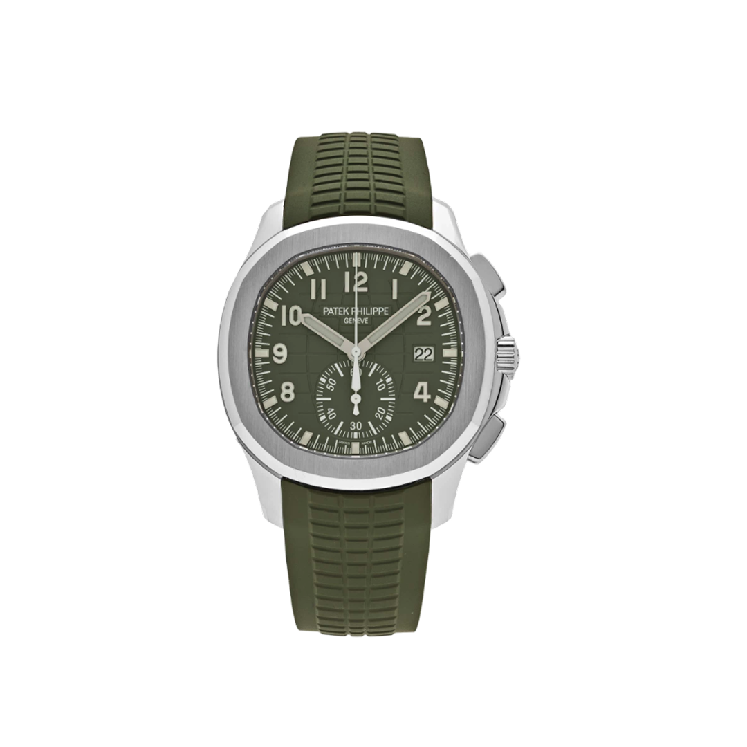 Vooraanzicht van een Patek Philippe Aquanaut Chronograph 5968G-010, luxe herenhorloge met groene wijzerplaat, witgouden kast en rubberen band, exclusief design.