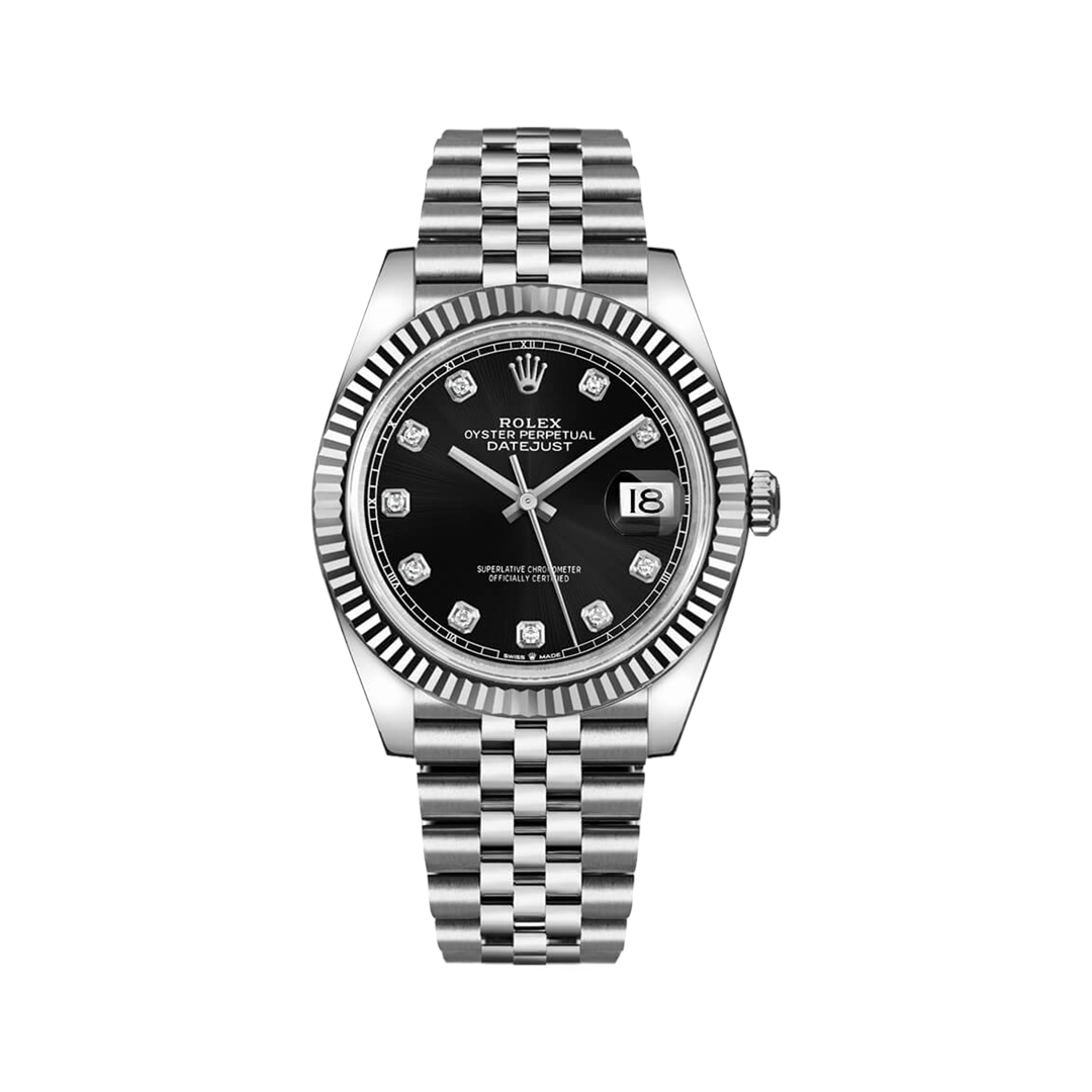 Vooraanzicht van een Rolex Datejust model 126334-0012 met blauwe wijzerplaat, 18k witgouden bezel en Jubilee-armband, luxe herenhorloge.
