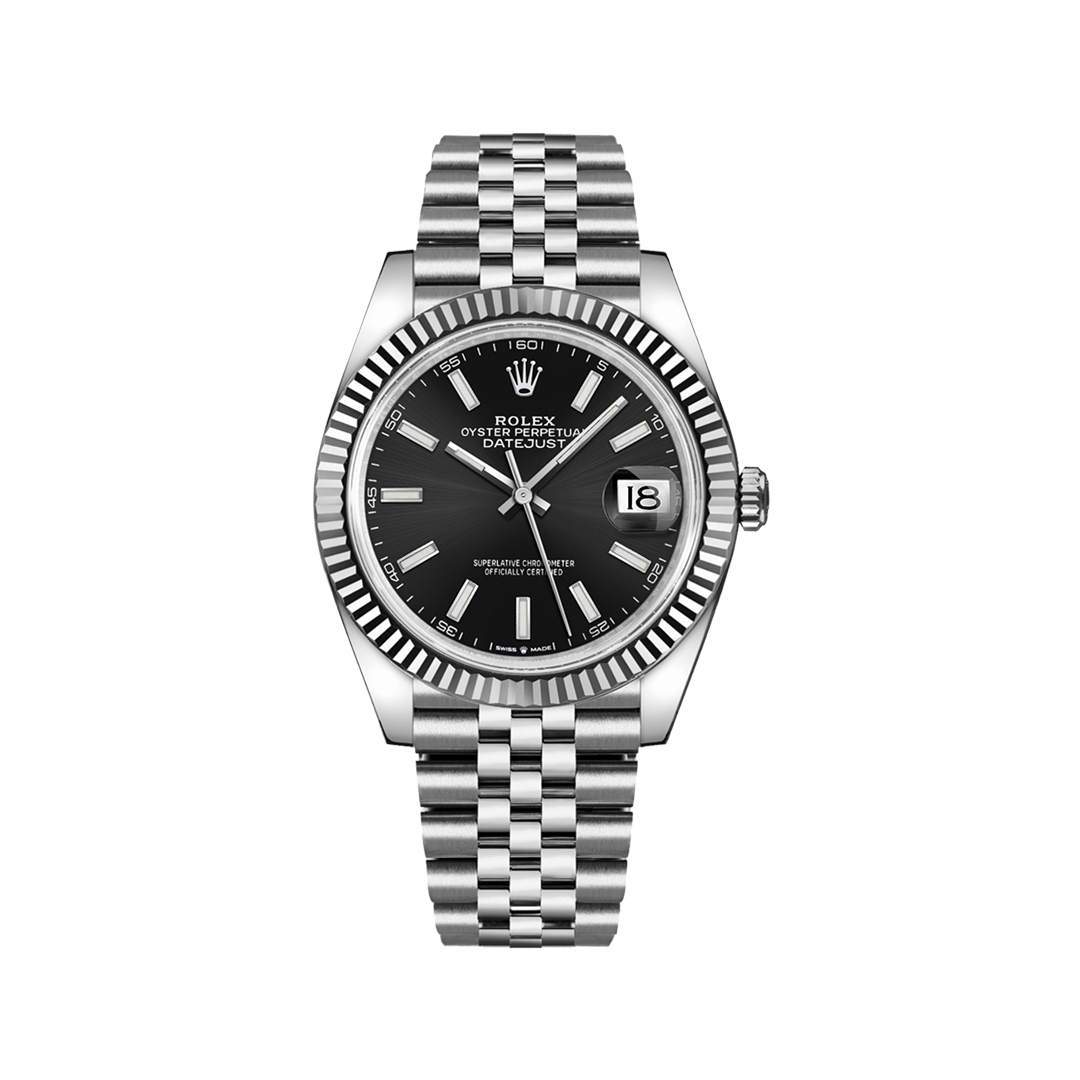 Vooraanzicht van een Rolex Datejust 41mm model 126334-0018, met een blauwe wijzerplaat, witgouden geribbelde bezel en Jubilee-armband, luxe herenhorloge.
