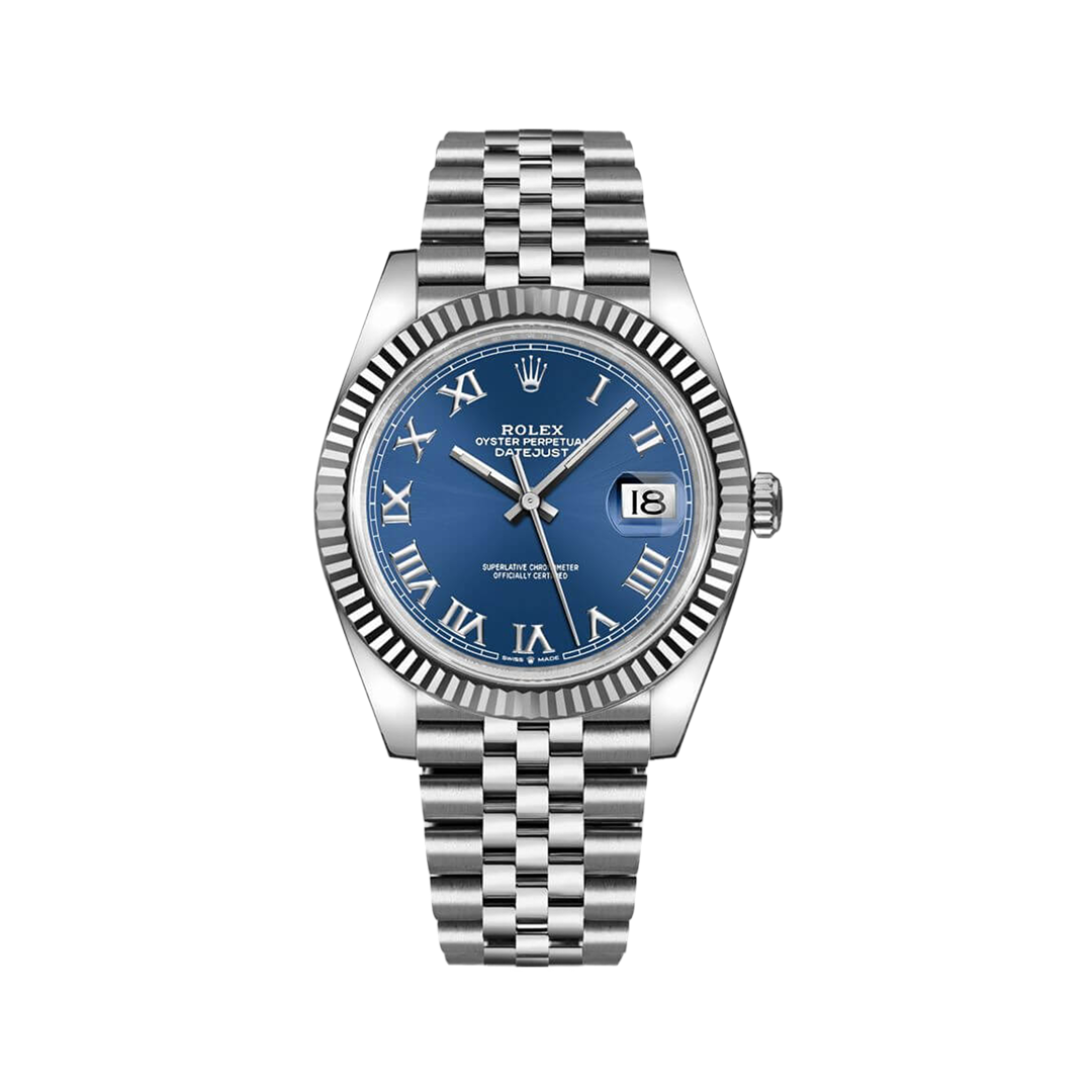 Vooraanzicht van een Rolex Datejust model 126334-0026, zilverkleurige wijzerplaat, 41mm kast, Oyster-armband, geribbelde bezel, luxe herenhorloge.