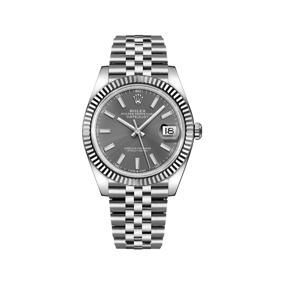 Vooraanzicht van een Rolex Datejust 41mm model 126334-0014, met een blauwe wijzerplaat, witgouden geribbelde bezel en Jubilee-armband. Luxe herenhorloge, iconisch design, Zwitserse precisie.