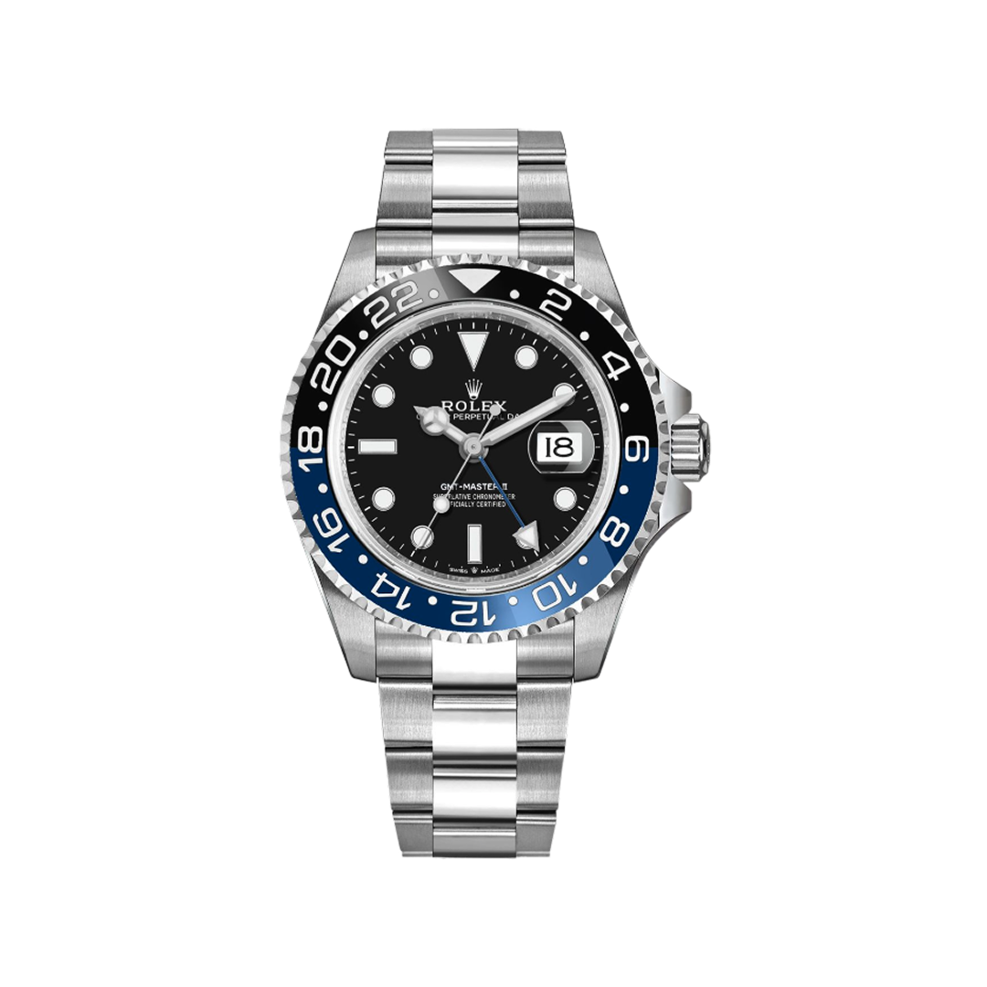 Vooraanzicht van een Rolex GMT-Master II 126710BLNR, ook bekend als de "Batman", met een zwart-blauwe cerachrom bezel, Oystersteel kast en Jubilee armband. Luxe horloge, iconisch design.