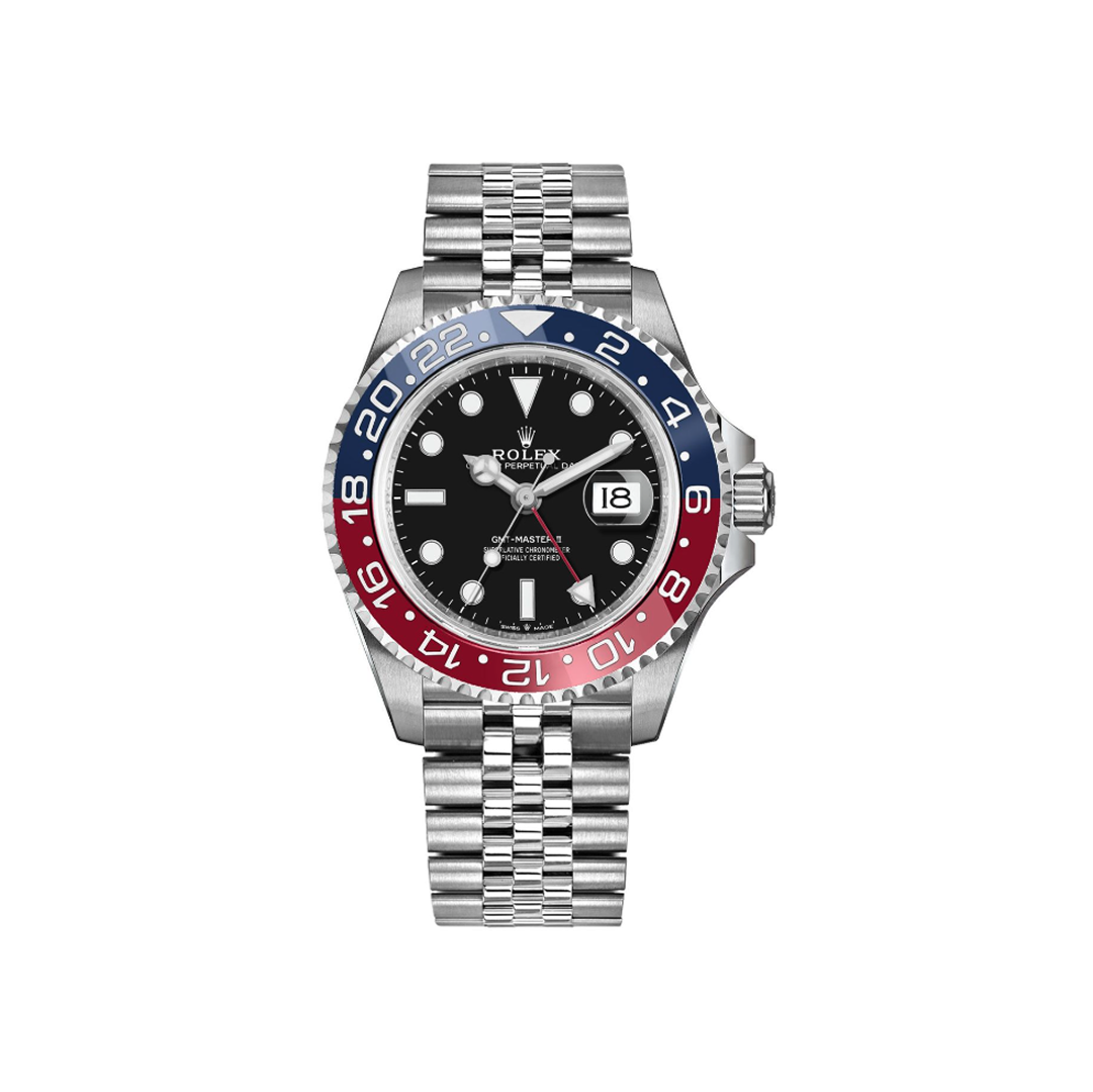 Vooraanzicht van een Rolex GMT-Master II 126710BLRO-0001, met een iconische rood-blauwe 'Pepsi' bezel, zwarte wijzerplaat en Jubilee armband. Luxe horloge, Zwitserse precisie.