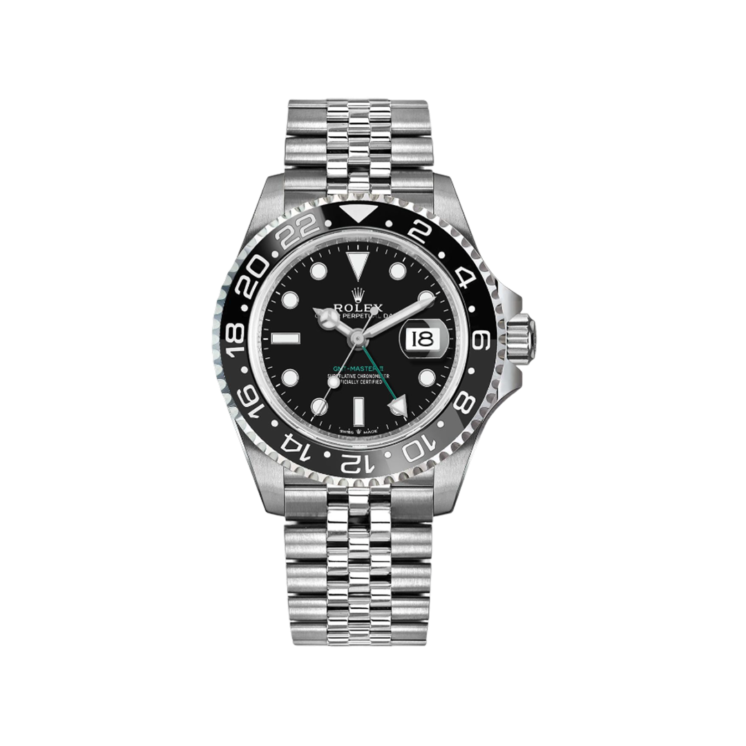 Vooraanzicht van een Rolex GMT-Master II 126710GRNR-0003 horloge met groene en zwarte bezel, jubilee band en zwarte wijzerplaat. Luxe herenhorloge, iconisch design.