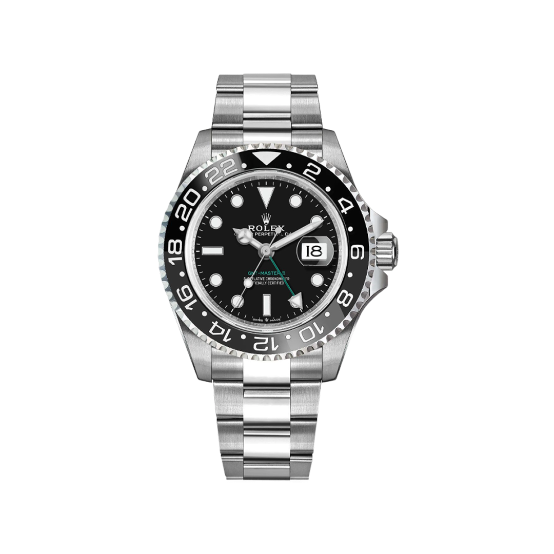 Vooraanzicht van een Rolex GMT Master II model 126710GRNR-0004, met groene en zwarte bezel, zwarte wijzerplaat en Oystersteel armband.