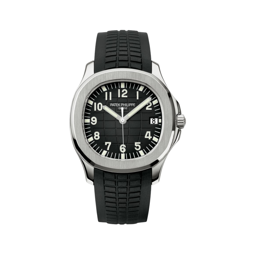 Vooraanzicht van een Patek Philippe Aquanaut 5167A-001 horloge met zwarte wijzerplaat, roestvrijstalen kast en rubberen band, luxe herenhorloge.