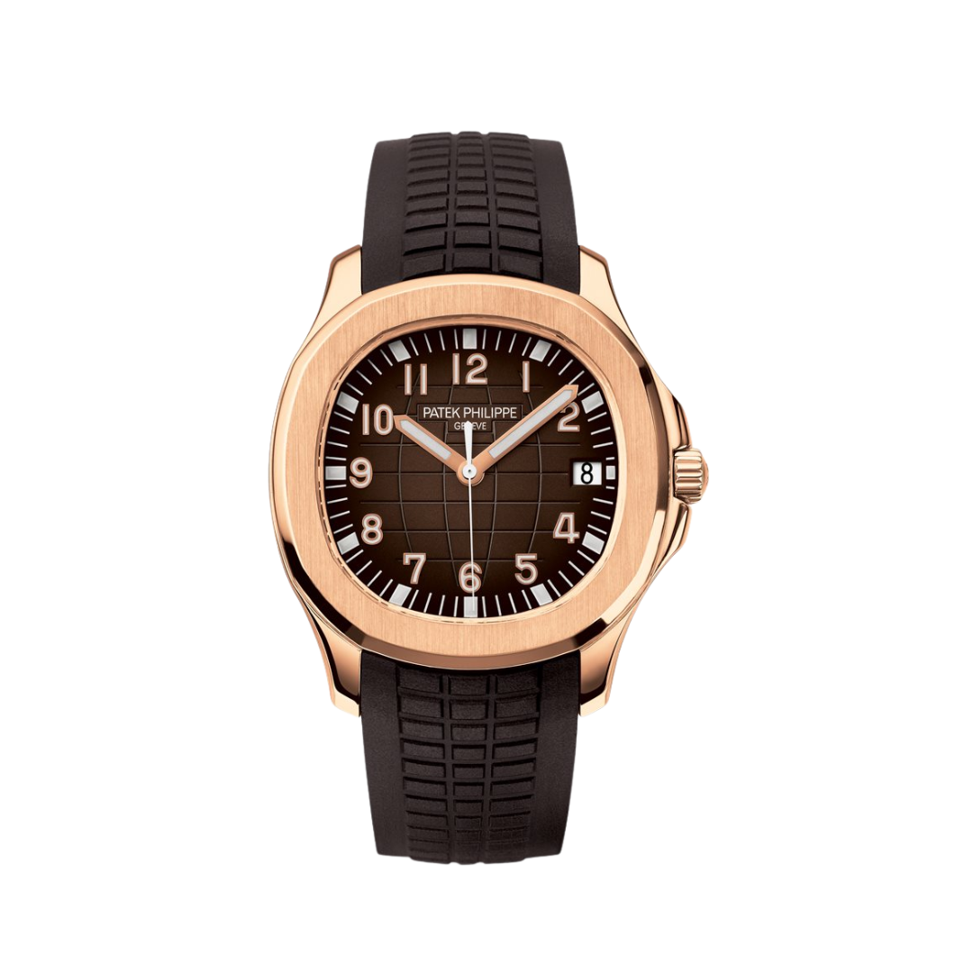 Vooraanzicht van een Patek Philippe Aquanaut 5167R-001 horloge met bruine wijzerplaat, roségouden kast en rubberen band, luxe herenhorloge, elegant design.