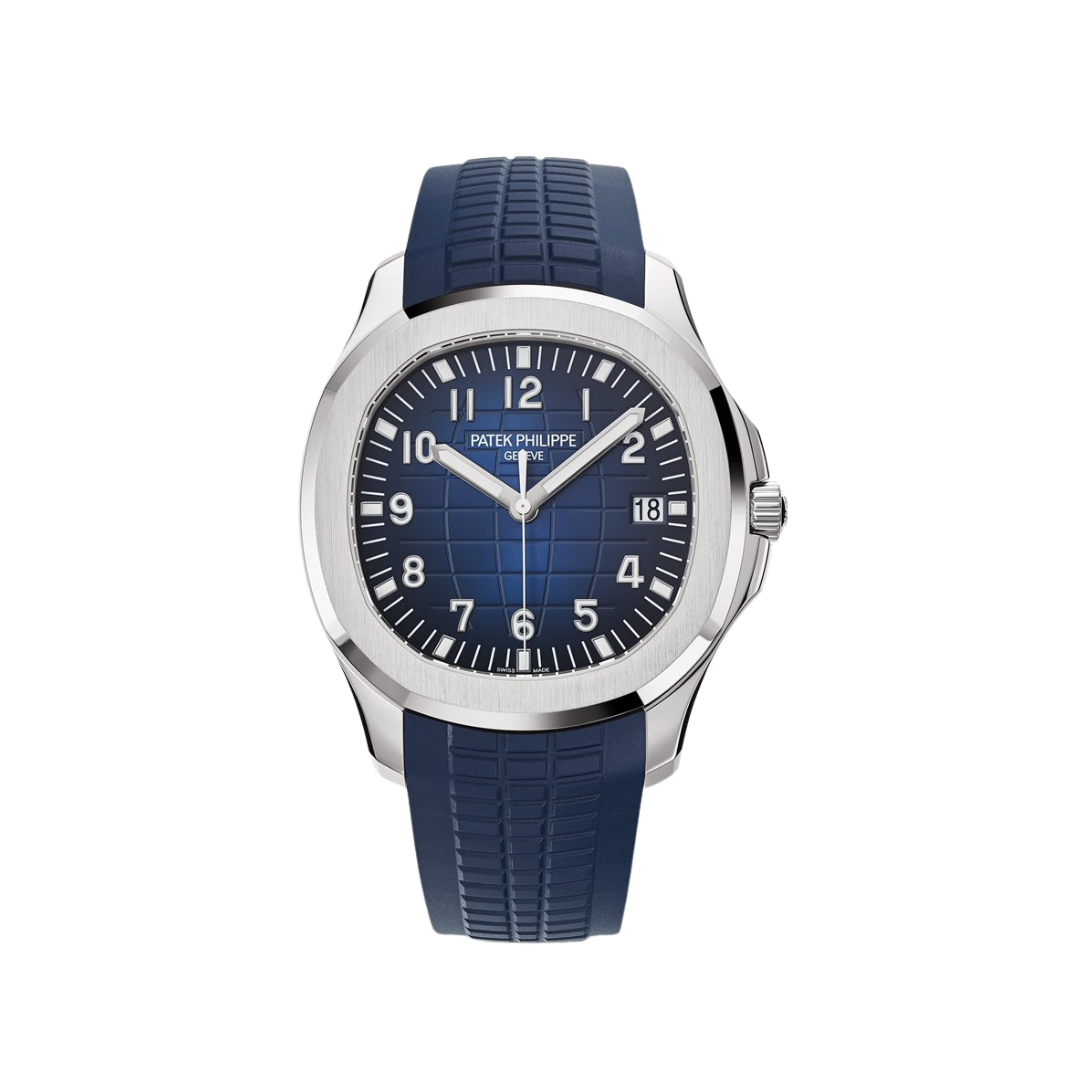 Vooraanzicht van een Patek Philippe Aquanaut 5168G-001 horloge met blauwe wijzerplaat, luxe herenhorloge, witgouden kast, sportief en elegant design.