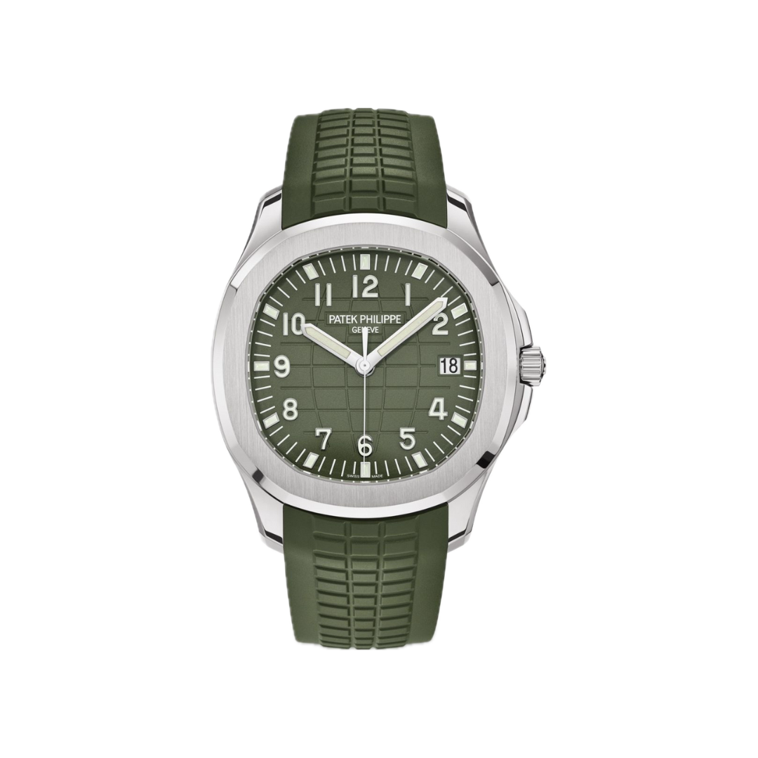 Vooraanzicht van een Patek Philippe Aquanaut 5168G-010 horloge met groene wijzerplaat, witgouden kast en rubberen band. Luxe herenhorloge, Zwitserse precisie, exclusief design.