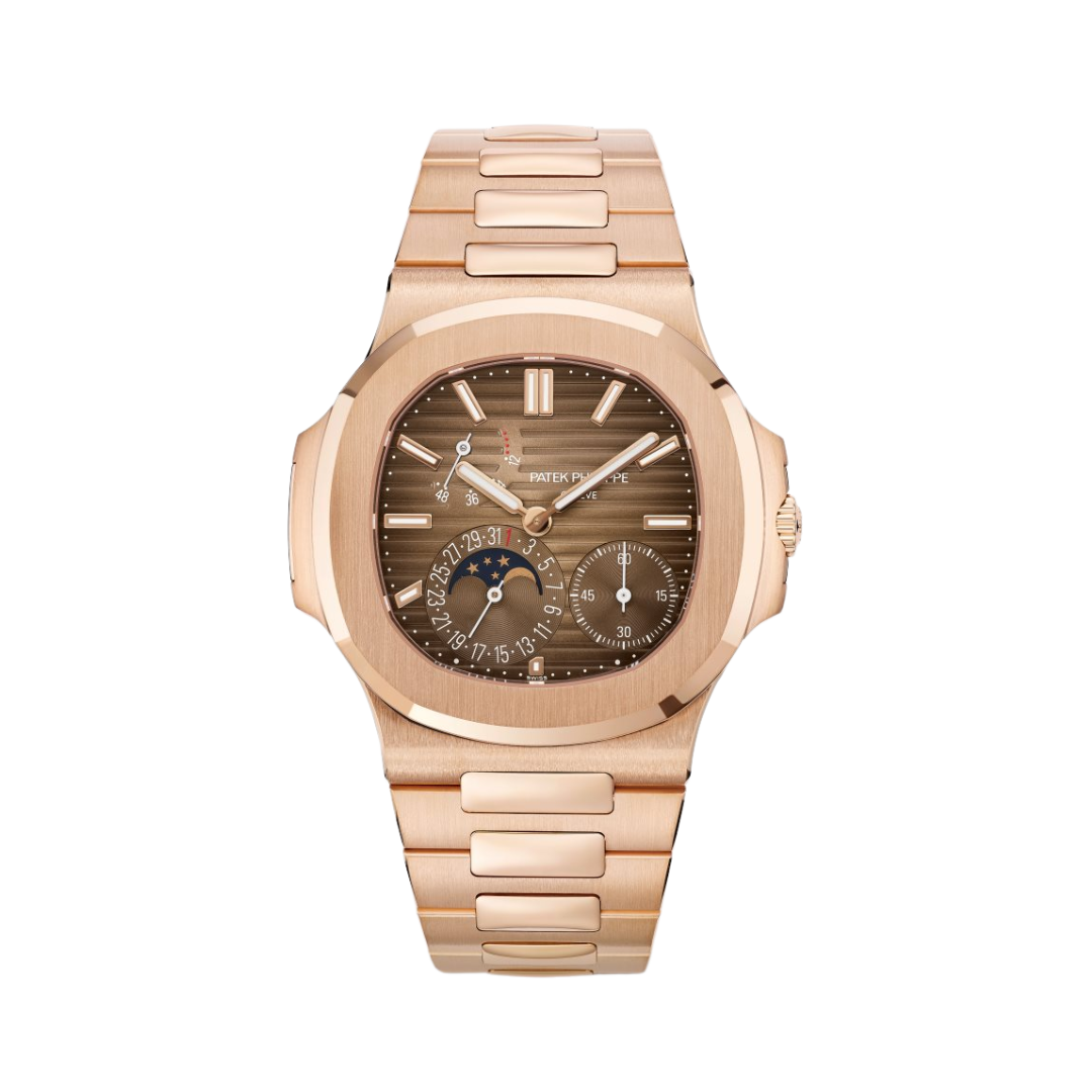 Vooraanzicht van een Patek Philippe Aquanaut 5712/1R-001 horloge met roségouden kast, bruine wijzerplaat en geïntegreerde roségouden armband. Luxe herenhorloge, iconisch design, Zwitserse precisie.