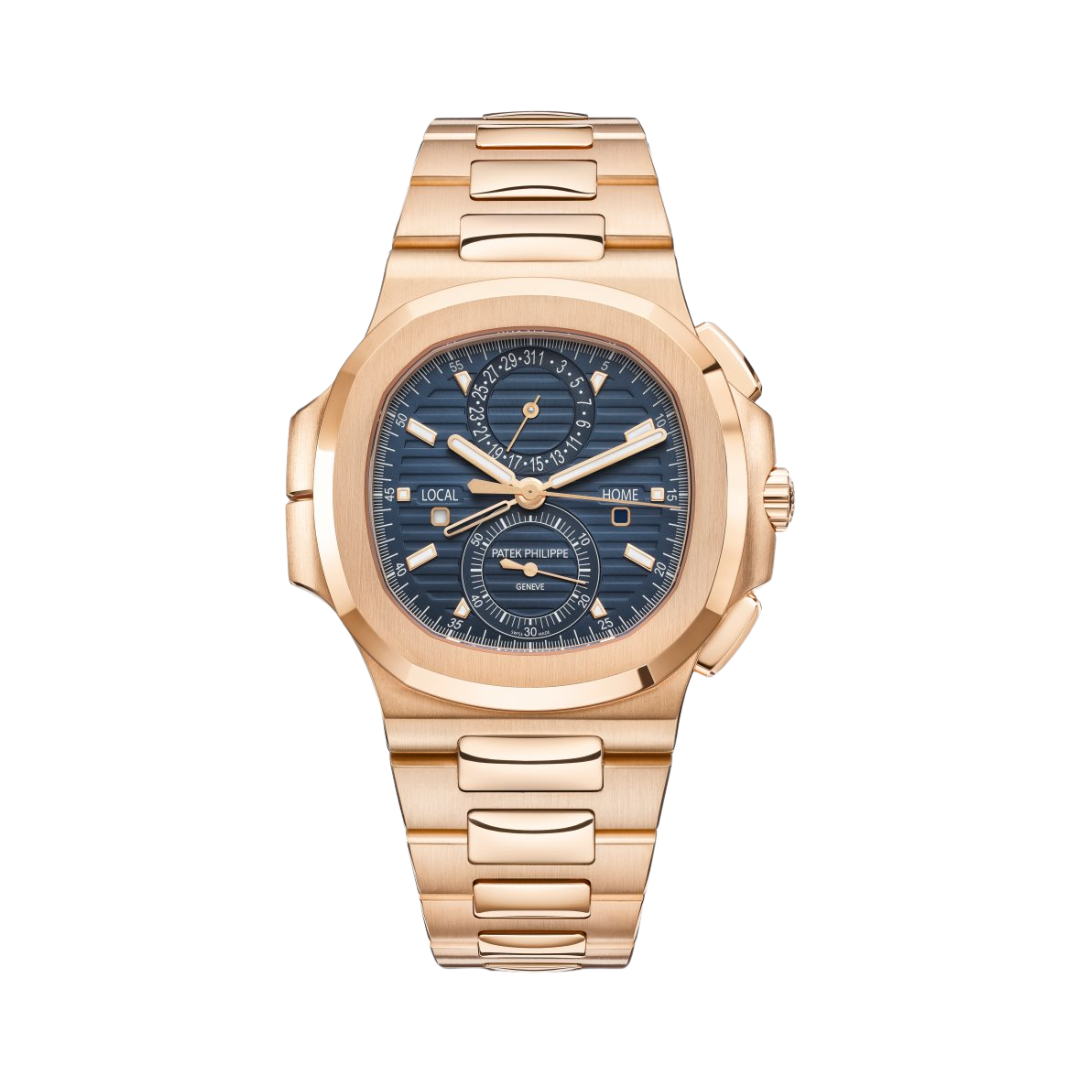 Patek Philippe Aquanaut 5990/1R-001 vooraanzicht, luxe roségouden horloge, blauwe wijzerplaat, sportief en elegant design, iconisch Zwitsers uurwerk.